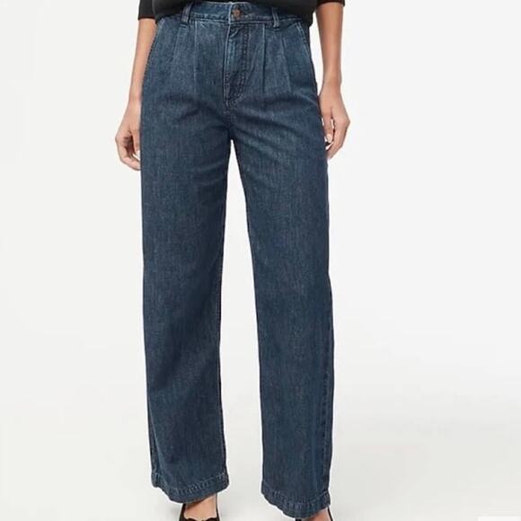 J.Crew Factory Pleated Trouser Jean Camden Navy Wash Denim High Rise Wide Leg - Picture 1 of 15